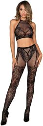 Ensemble Brassière fine résille et collant imprimé - DG0391BLK Noir