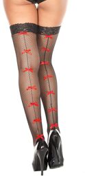 Bas noirs autofixants résille couture avec noeuds rouges Noir