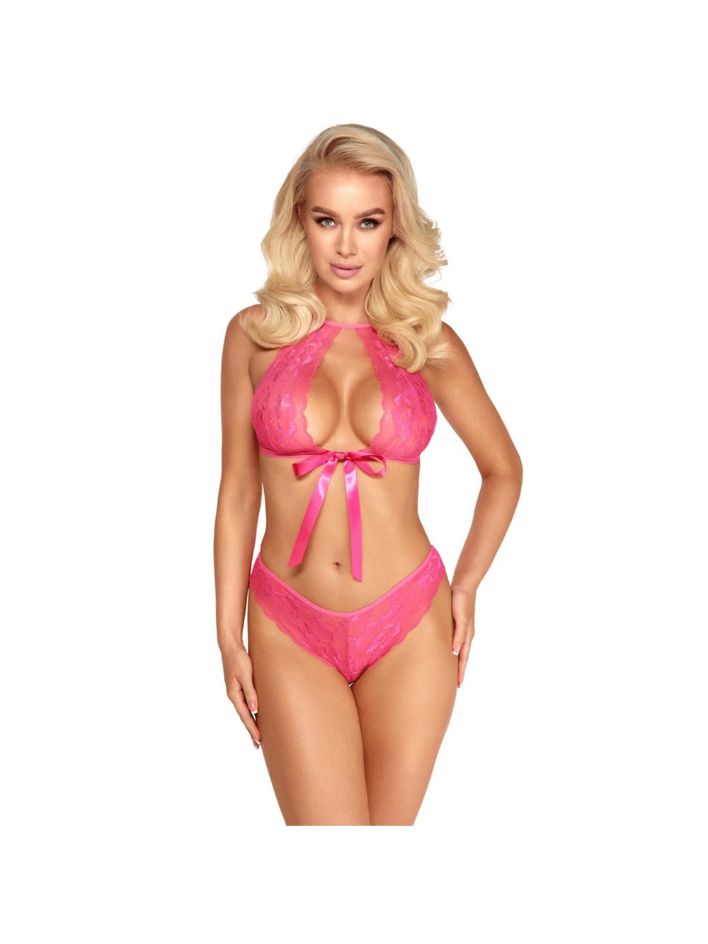 Ensemble 2 pièces dentelle fleurs & noeud rose