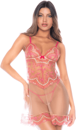 Nuisette en résille brodée avec string Rose