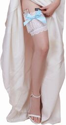 Jarretière blanche dentelle noeud bleu avec 2 poches pour carte bancaire et téléphone portable Blanc