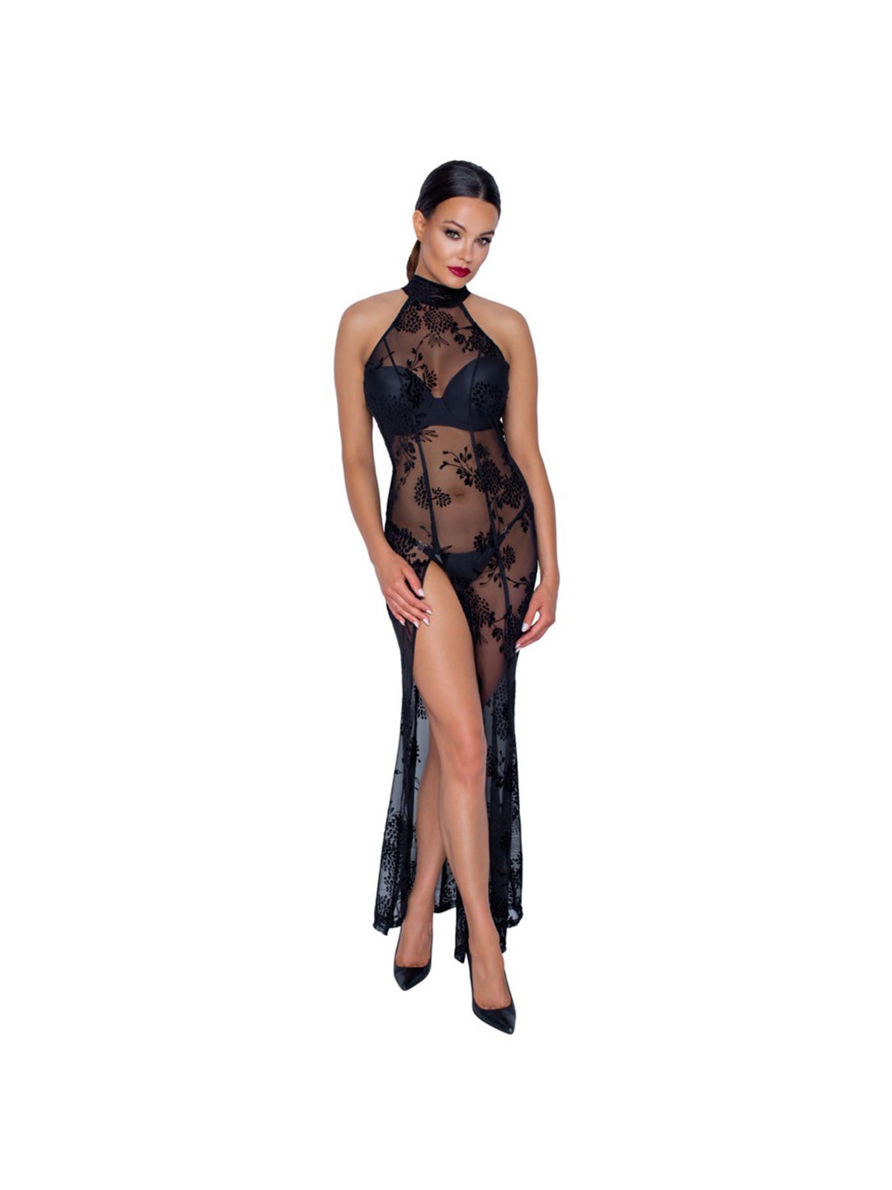 Robe Longue Fendue Motif Floral Noire