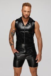 H066 Top zippé sans manches à capuche transparente, aspect serpent Noir