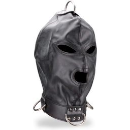 Cagoule BDSM en similicuir trois ouvertures et anneaux - Cockring penien pour homme et couple - Noir
