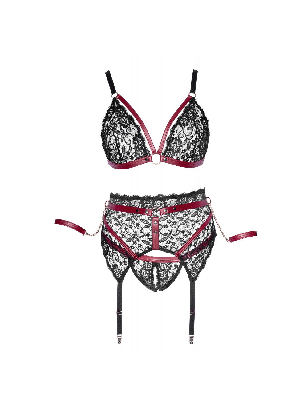 Ensemble 3 Pièces Ouvert Dentelle, Sangles et Menottes Rouge & Noir GT