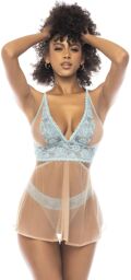 2 en 1 Nuisette et ensemble 2 pièces Abilene en dentelle et résille transparente Bleu/Chair