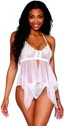 Babydoll et string en résille et dentelle blanche Blanc