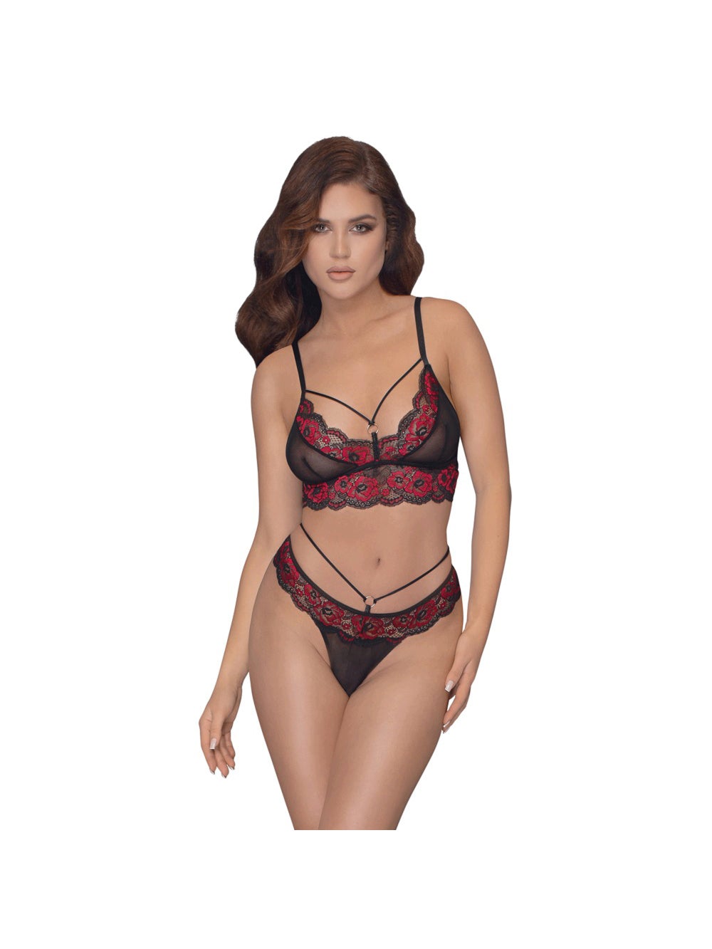 Ensemble 2 Pièces Lanières, Dentelle Noir & Rouge