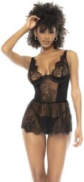 Nuisette noir Raven, en dentelle et résille, avec armatures, bretelles réglables, laçage dans le dos Noir