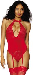 Body ouvert à l'entrejambe avec porte-jarretelles rouge Rouge