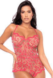 Combishort en dentelle transparente couleur cerise Cerise