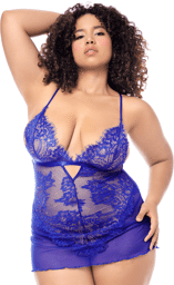 Babydoll bleu grande taille dentelle, résille et string Bleu