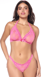 Ensemble sexy 2 pièces rose en dentelle délicate avec haut et string assorti Rose