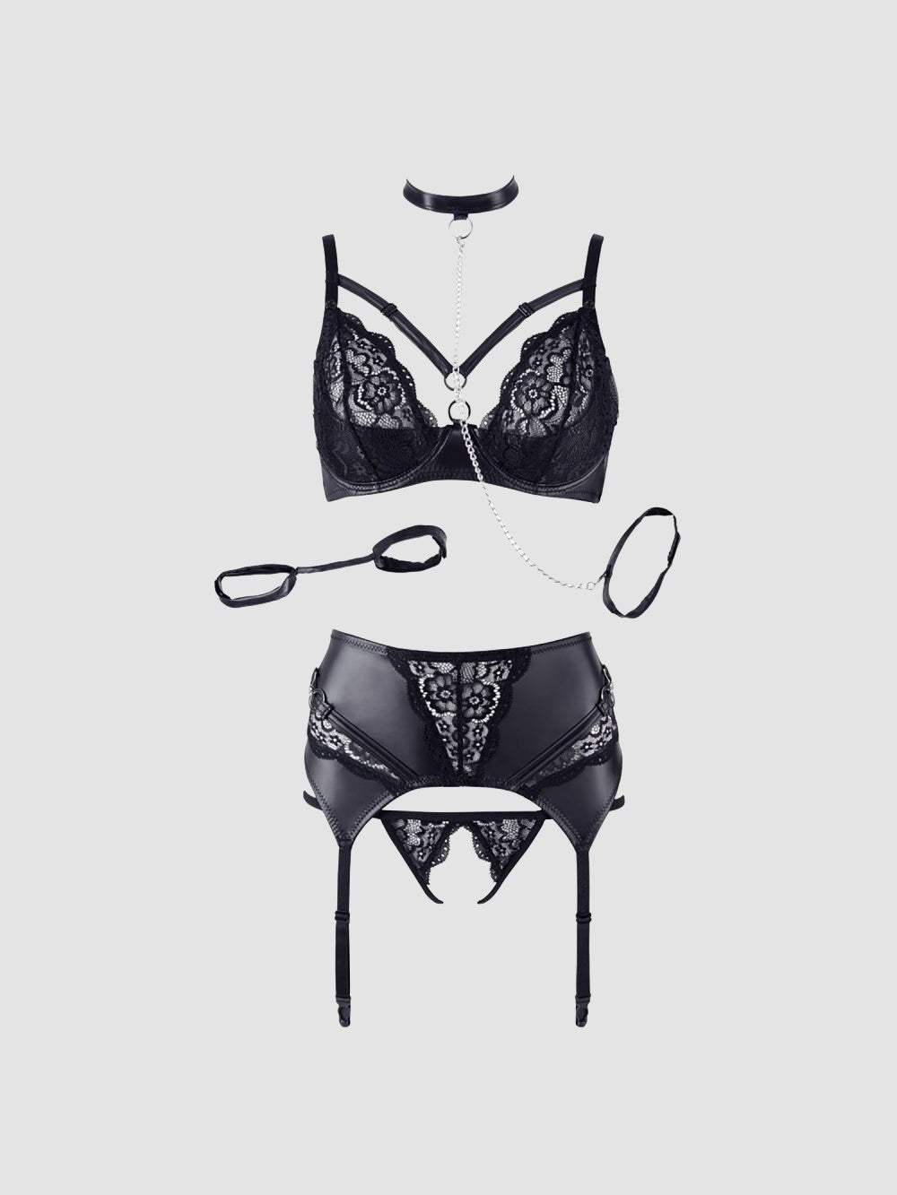 Ensemble 3 Pièces Effet Cuir & Dentelle Avec Laisse Noir