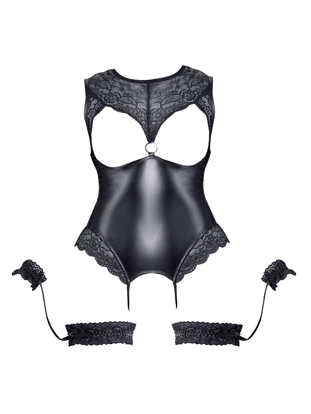 Body Ouvert Effet Cuir & Dentelle Avec Jarretelles Menottes