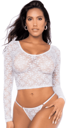 Ensemble 2 pièces en dentelle blanche, crop top et string Blanc