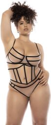 Ensemble 3 pièces noir et chair grande taille, soutien gorge avec armatures, serre taille et string Chair/Noir