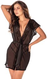 Kimono noir en résille et dentelle florale, string assorti - MAL7348BLK Noir