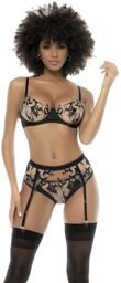Ensemble 3 pièces noir et chair Kyra, avec dentelle brodée, soutien gorge à armatures, porte jarretelle et culotte Chair/Noir