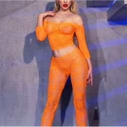 Ensemble CR-4661 orange en maille sans coutures avec motif floral orange