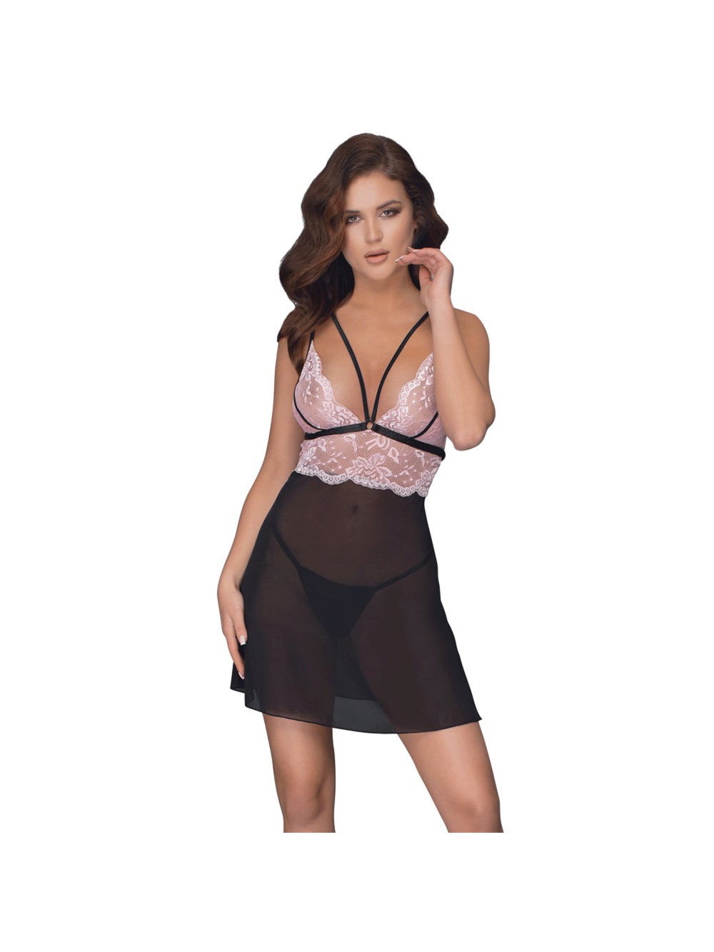 Nuisette Dentelle, Maille Transparente Rose & Noire