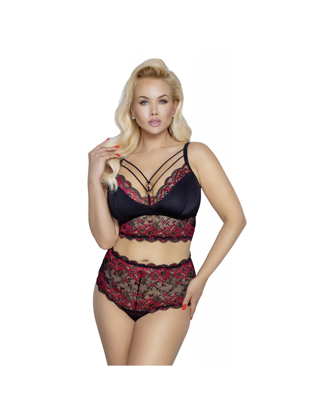 Ensemble 2 Pièces Dentelle Florale Noir & Rouge