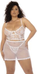 2 en 1 Nuisette et ensemble 2 pièces grande taille en dentelle et résille transparente Blanc
