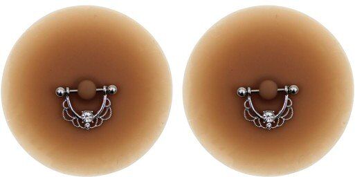 Paire de Cache-Tétons Piercing Barre Demi-Anneau Strass Peau Métisse