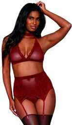 Ensemble 4 pièces soutien gorge, tour de cou, string et porte jarretelles rouge Rouge