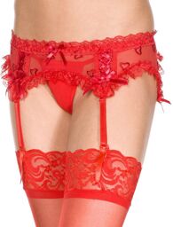 Porte-jarretelles rouge maille et dentelle avec petits coeurs Rouge