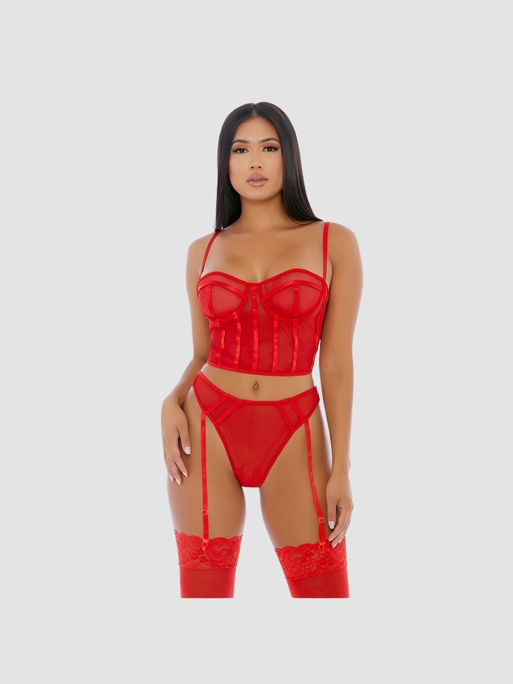 Ensemble 2 Pièces Sheer Intimacy Mesh Bustier Rouge