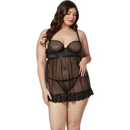 Nuisette Deux Pièces en Tulle et String Noir Grande Taille
