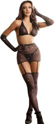 bodystocking resille avec gants et diamants noir taille unique