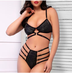 Ensemble CR-4637 avec soutien-gorge serpent et culotte à lanières Noir