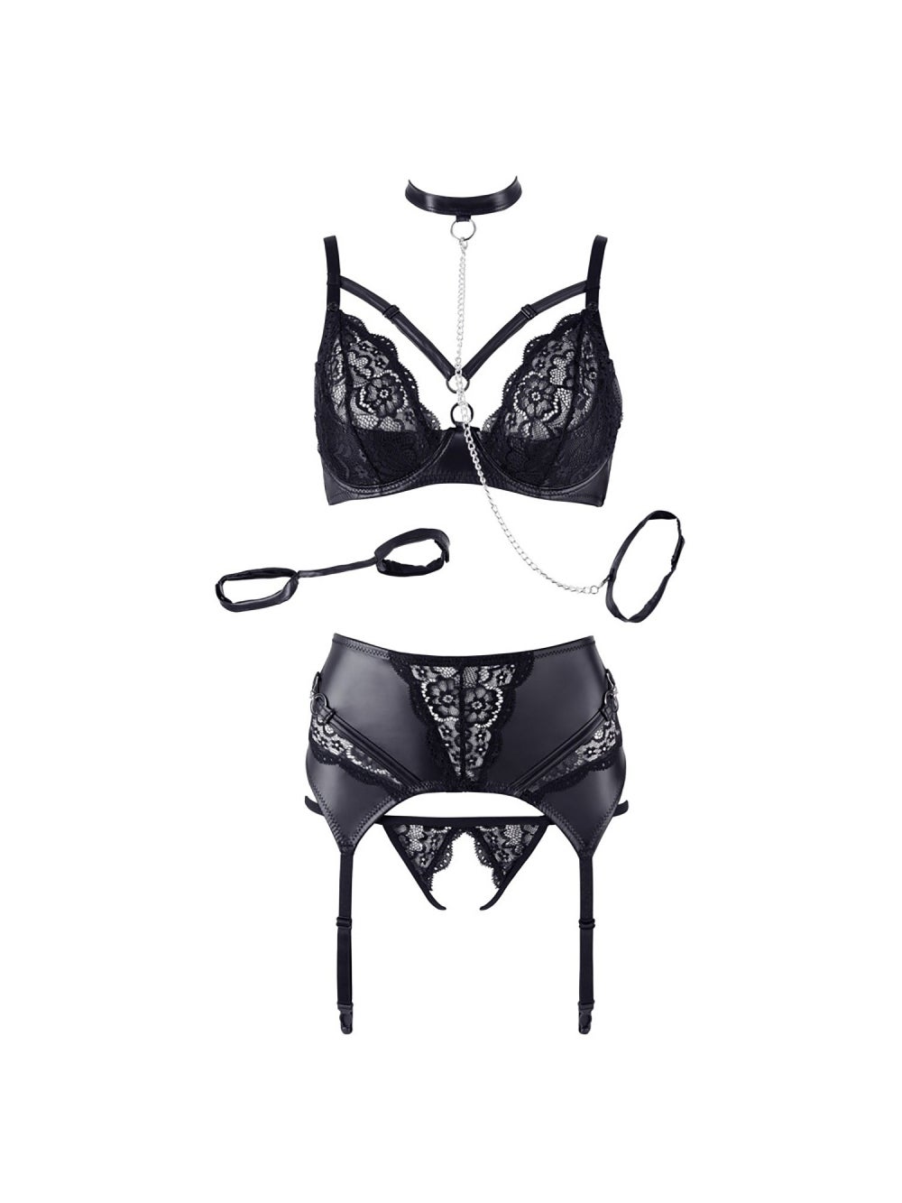 Ensemble 3 Pièces Effet Cuir & Dentelle Avec Laisse Noir