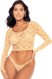 Ensemble 2 pièces en dentelle jaune pastel, crop top et string Jaune clair