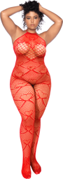 Bodystocking grande taille en résille rouge à motif cœur, orné de strass, ouvert à l’entrejambe Rouge