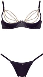 Soutien-gorge sexy demi-seins en satin avec chainette et string Noir