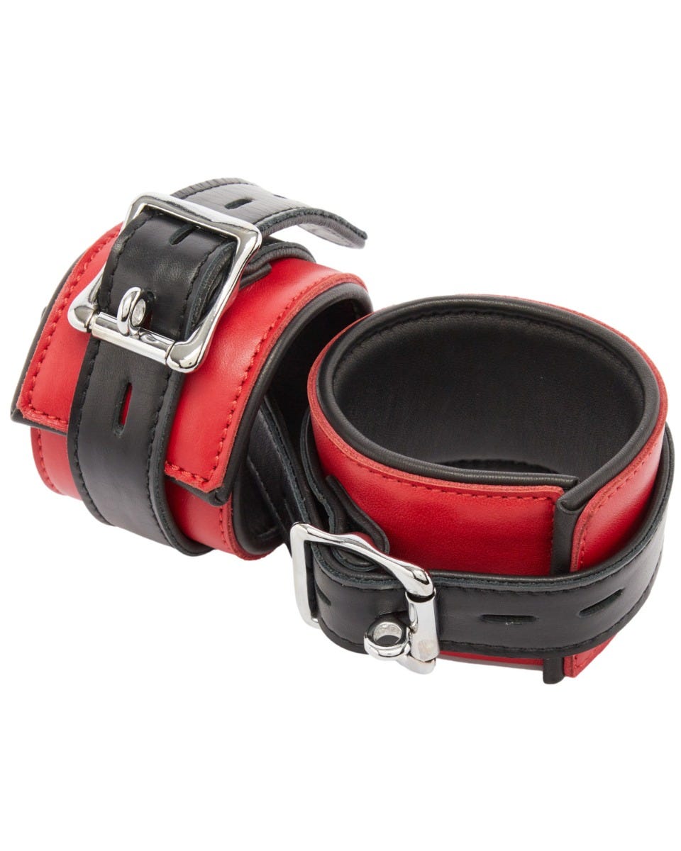 Menottes chevilles rouges et noires en cuir véritable