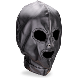 Cagoule BDSM en similicuir trois ouvertures