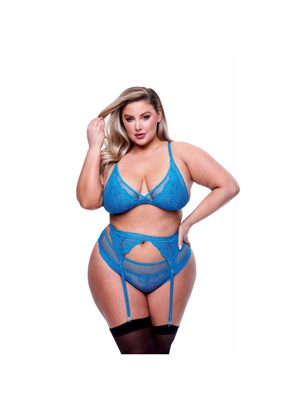 Ensemble 3 pièces dentelle & résille bleu GT