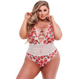 Baci - Nuisette blanche en dentelle et motifs à fleurs avec une attache ludique - Formes généreuses