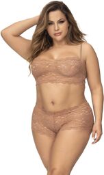 Ensemble 2 pièces en dentelle grande taille, top à bretelles et shorty couleur taupe Taupe