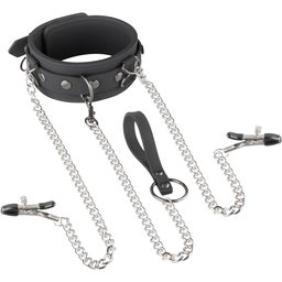 EasyToys - Collier, laisse et pinces à tétons en silicone - Noir