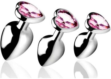 Kit de 3 Plugs Anal Métal Bijou Pink Heart Gem Argent