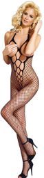 bodystocking résille avec col licou et bonnet ouvert en dentelle noire taille unique