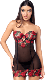 Babydoll sexy à armatures broderie roses et string Noir/Rouge