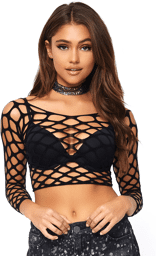 Haut court à manches longues en résille trouée - Noir Noir