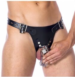 Sous-vêtement de chasteté en cuir avec cadenas et cage à pénis - Noir et argent