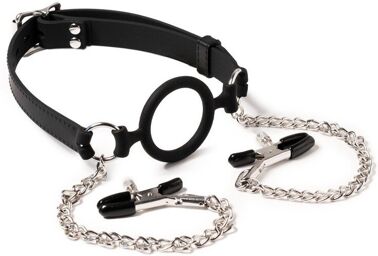 Bâillon avec joint torique et pinces à tétons - Noir